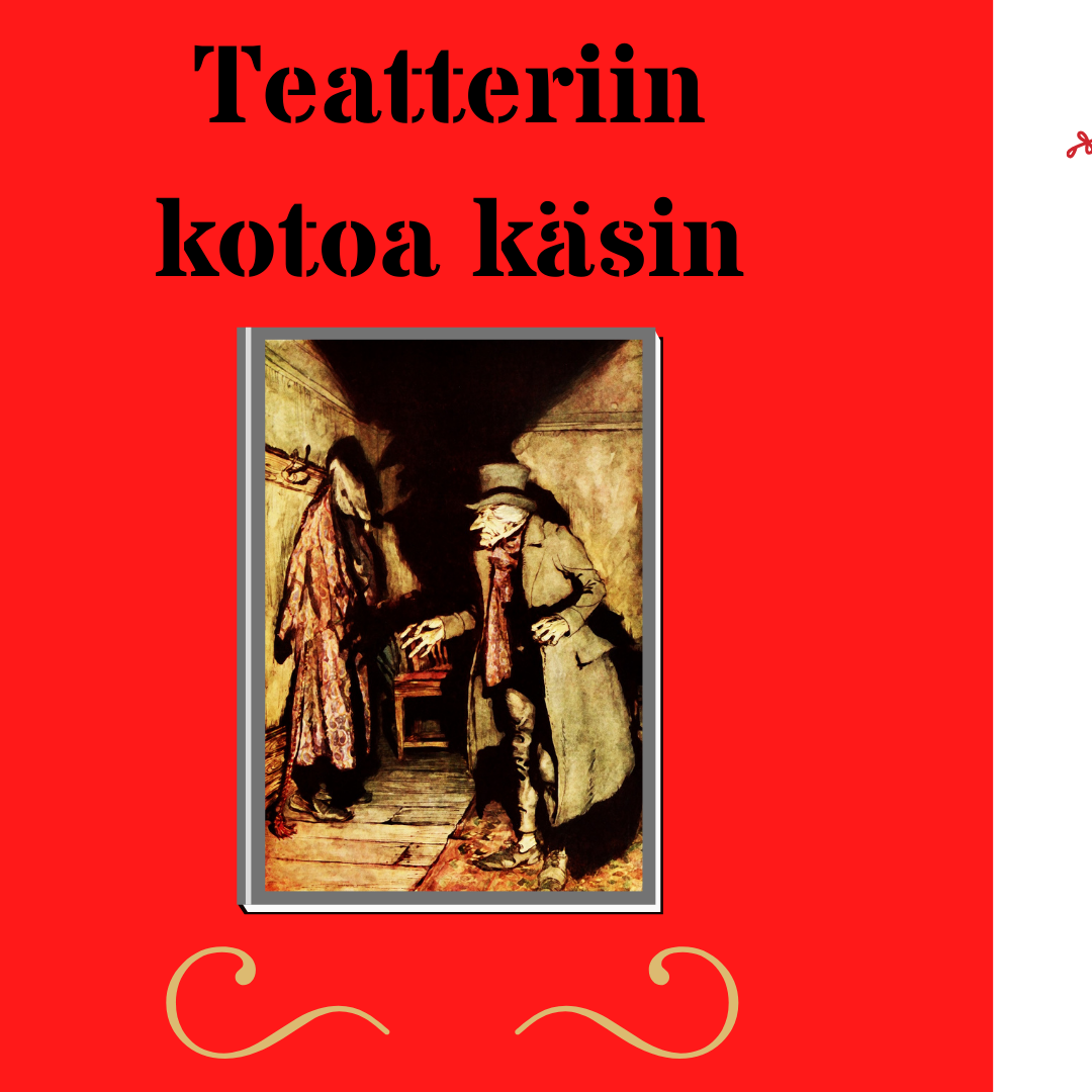 kuvassa saituri Joulukertomuksesta, jouluisia koristeita, järjestön logo