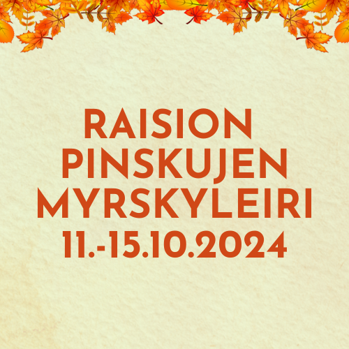 Kuvassa vaalean vihreä tausta ja oranssin ruskeita lehtiä, sekä teksti "Raision Pinskujen Myrskyleiri 11.-15.10.2024"
