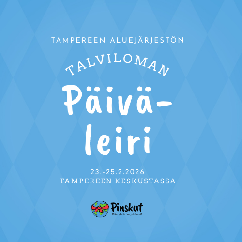 Valkoinen teksti sinisellä taustalla, jossa lumihiutaleita.