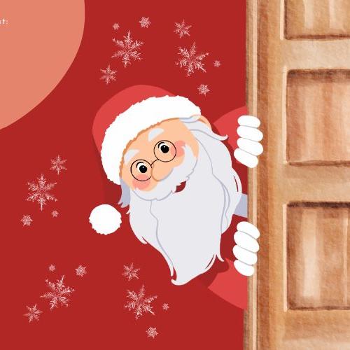 Leirimainos, jossa joulupukki kurkistaa oikeasta reunasta oven takaa