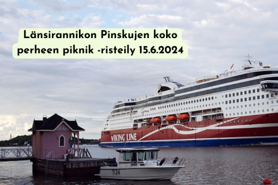 Kuvassa Viking Linen risteilyalus, laituri jonka päässä vaaleanpunainen koppi, pieni vene ja tekstiä.