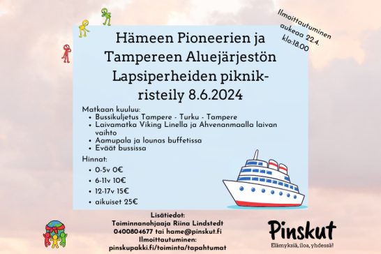 Hämeen Pioneerit ja Tampereen aluejärjestö järjestävät lapsiperheille piknik-risteilyn 8.6.2024.