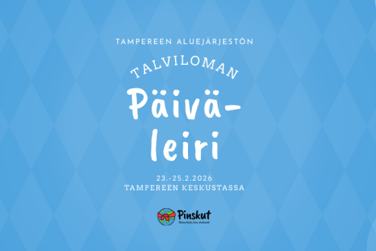 Valkoinen teksti sinisellä taustalla, jossa lumihiutaleita.