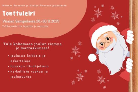 Leirimainos, jossa joulupukki kurkistaa oikeasta reunasta oven takaa