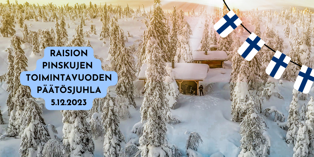 Kuvassa talvinen maisema sekä suomenlippuja