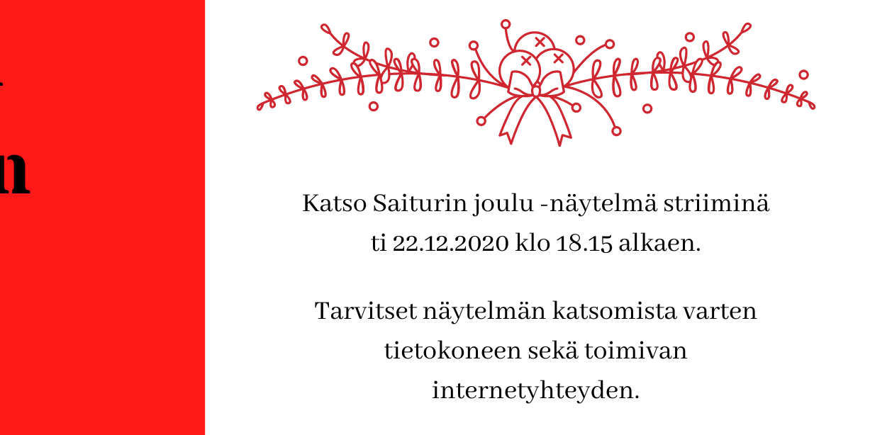 kuvassa saituri Joulukertomuksesta, jouluisia koristeita, järjestön logo