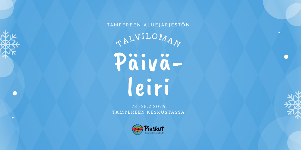 Valkoinen teksti sinisellä taustalla, jossa lumihiutaleita.