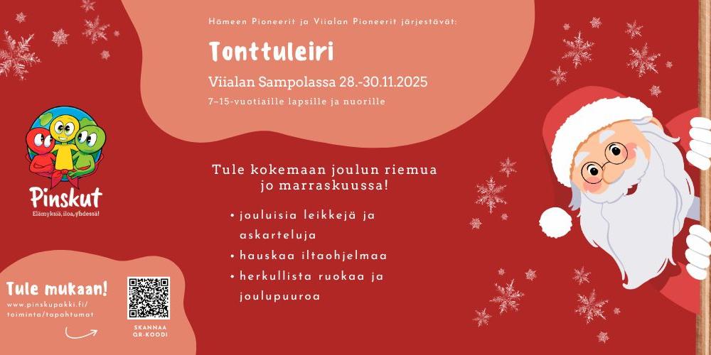 Leirimainos, jossa joulupukki kurkistaa oikeasta reunasta oven takaa