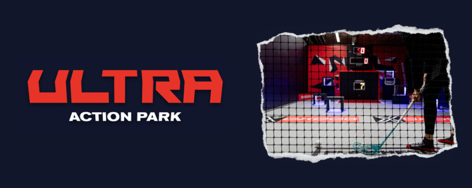 Kuvassa Ultra Action Parkin logo, sekä mainoskuva sählyn pelaamisesta.