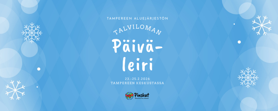 Valkoinen teksti sinisellä taustalla, jossa lumihiutaleita.