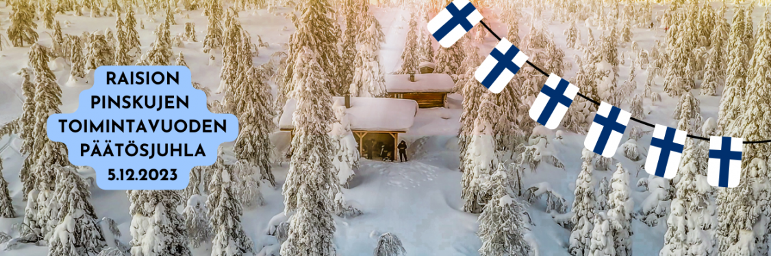 Kuvassa talvinen maisema sekä suomenlippuja
