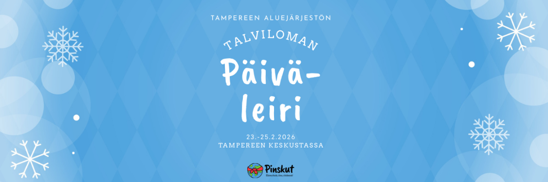 Valkoinen teksti sinisellä taustalla, jossa lumihiutaleita.