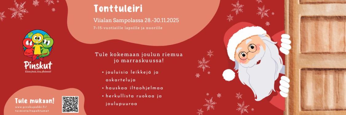 Leirimainos, jossa joulupukki kurkistaa oikeasta reunasta oven takaa