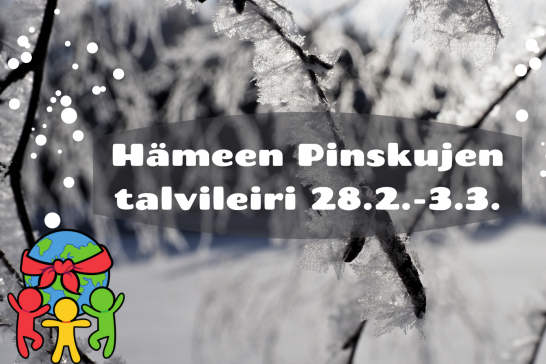 Luminen maisema, jossa teksti: Hämeen Pinskujen talvileiri 28.2.-3.3.